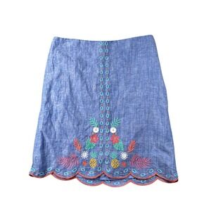 Talbots Skirt Womens 4 Blue Embroidered Scallop Hem Flowers Pineapple Linen NWT
